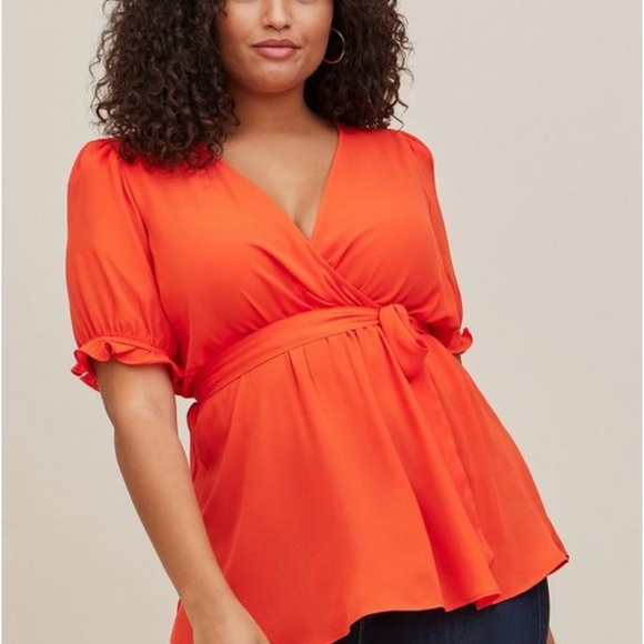 Torrid Georgette Orange Surplice Puff Sleeve Blouse Short Sleeve Plus Size 2 2X - Picture 6 of 13